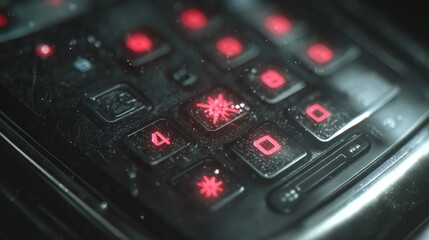 Obraz premium Close-up view of a keypad with illuminated buttons, showing numbers and symbols, in a dimly lit environment