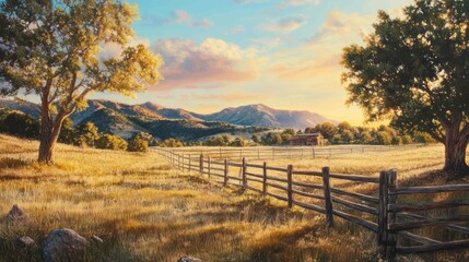 Obraz premium Golden field with a fence, barn, mountains, and a serene sky.