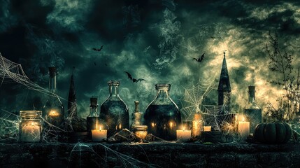 collection of spooky witches’ potions, cobwebs, and floating candles, all set against a dark and stormy Halloween sky.