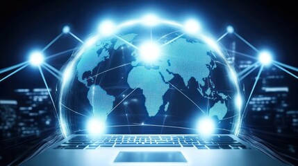 Fototapeta premium Laptop showing global connection, worldwide communications concept.