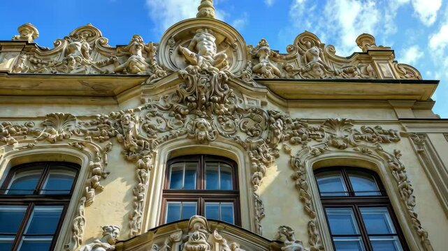 Intricate baroque architecture featuring detailed sculptures and ornate design elements from a historic building, Baroque style architecture with intricate sculptures and ornamentation on building