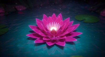 神秘的に輝く夜の水蓮 幻想的な光が水面に映る. AI Generated