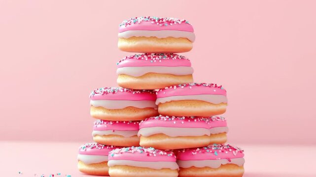 Pink frosted donut with colorful sprinkles stacked in pyramid, sweet pastry dessert on pastel pink background, appetizing treat