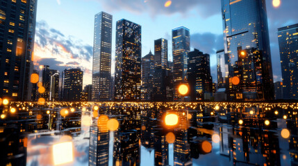 Obraz premium Futuristic cityscape with glowing lights reflecting on water, showcasing modern architecture and vibrant atmosphere