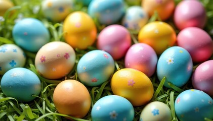 Obraz premium Colorful Easter eggs displayed in a festive arrangement Perfect for spring, holiday, and celebration themes , Easter, floral