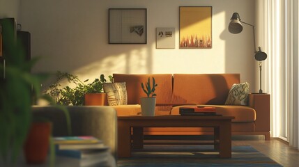 Fototapeta premium Cozy Interior Scene with Orange Sofa, Wooden Coffee Table and Warm Lighting