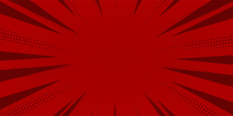 Red background with rays and halftone dots. Vector illustration.