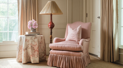 Elegant English country interior decor and design, featuring floral patterns, cosy textures, and sophisticated furnishings