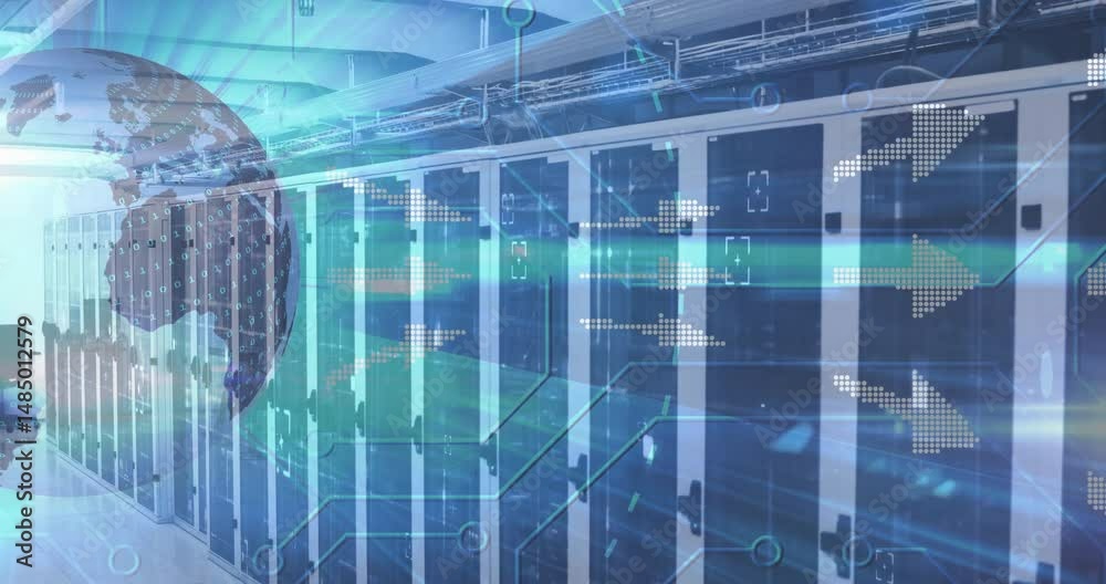 Poster server cabinets lining corridor being animated in 3d art with binary hologram and circuit overlays