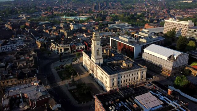 High Drone Orbit of Barnsley Town Hall Clock Tower in South Yorkshire