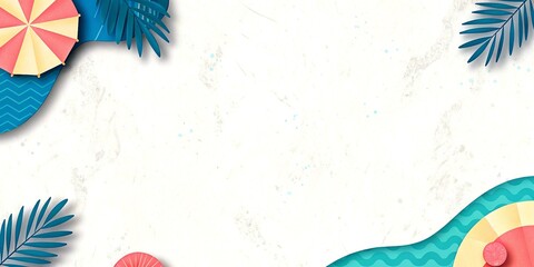 summer background featuring tropical motifs like palm leaves, beach waves, parasols, and lifebuoys. Ideal for seasonal greetings, advertisements, and party invitations.