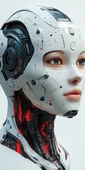 Close-up of a sleek white cyborg female with exposed mechanics and internal red lighting