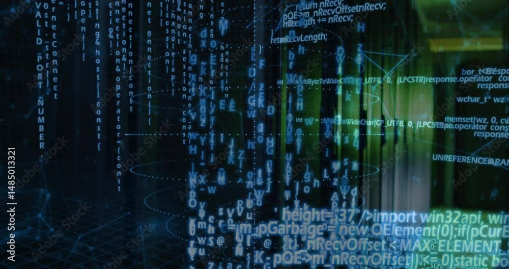 Poster floating glowing alphanumeric code bits spiraling over dark grid plane and linking wireframe nodes