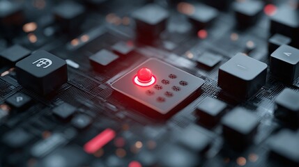Close-up view of a high-tech keyboard with a glowing joystick button, showcasing intricate design and functionality