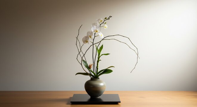 静謐な光に包まれた、優雅な蘭の生け花 This translates roughly to: "Elegant orchid flower arrangement, enveloped in serene light." It stays within the character count and uses descriptive adjectives and a verb.