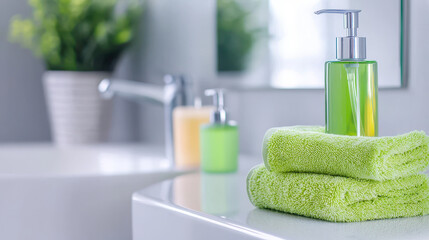 Fresh green towels and liquid soap in modern bathroom create calming atmosphere, perfect for relaxation and cleanliness