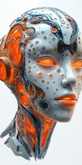 Female android face with futuristic circuitry and glowing eyes close up