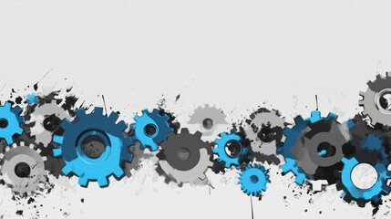 Blue and gray gears illustration on gray background, tech concept
