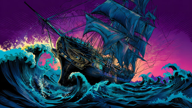 Retro sailing ship sinks in stormy waves. The sea and the ocean. Weather and the elements. Pop art retro vector illustration