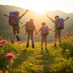 school children jumping at an outing, excursion, or field trip, at a beautiful mountain trail