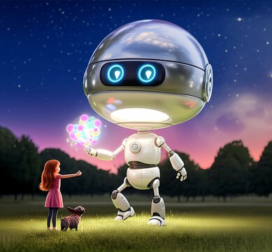 illustration of an alien and a little girl with a dog trying to make friends, created by artificial intelligence