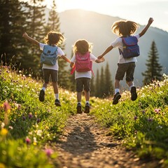 school children jumping at an outing, excursion, or field trip, at a beautiful mountain trail