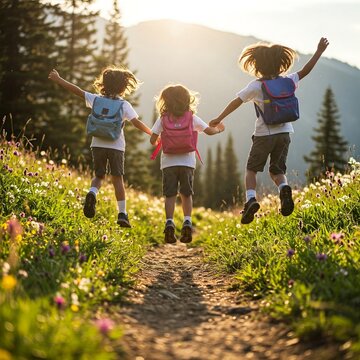 school children jumping at an outing, excursion, or field trip, at a beautiful mountain trail