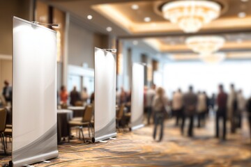 Large venue featuring large display banners for marketing at a conference. People are gathered in the background.