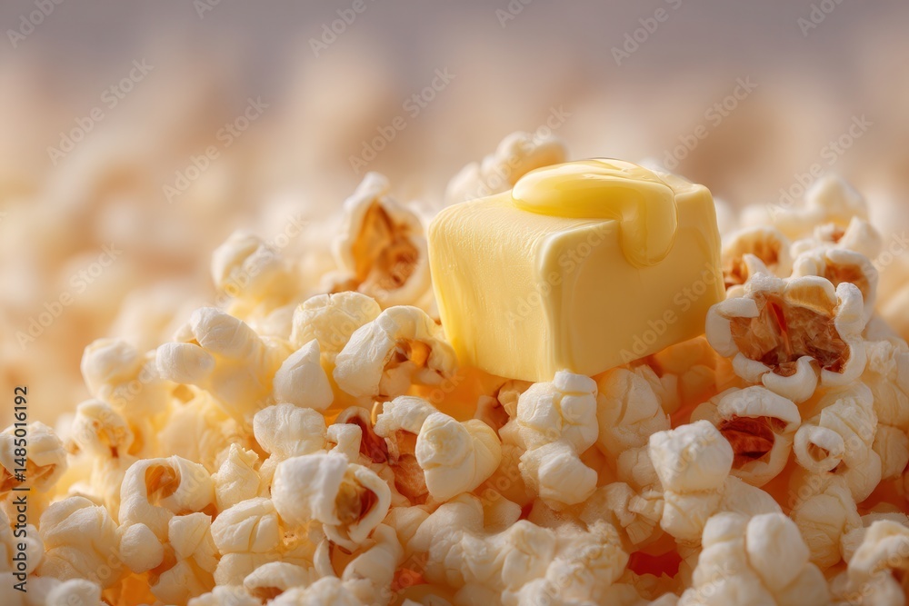 Poster Buttered Popcorn: A block of butter melts on a pile of popcorn. Close-up shot shows texture & buttery goodness.