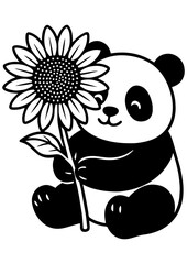 Naklejka premium Cute black and white vector of a panda holding a sunflower. Perfect for engraving, print, logo, book illustration, and creative projects