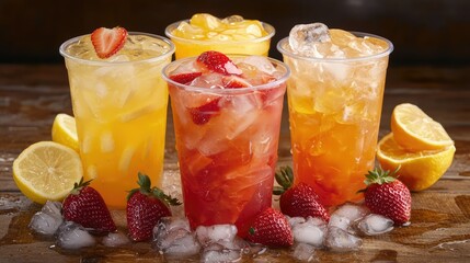 colorful collection of iced fruit beverages, featuring fresh lemon, strawberry, and peach, served over ice and set on a wooden surface.