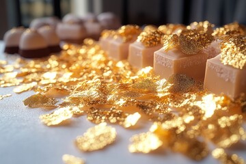 Shimmering golden edible leaf flakes spread over a spotless white surface mockup
