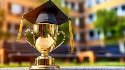 A golden award cup symbolizes academic achievement.