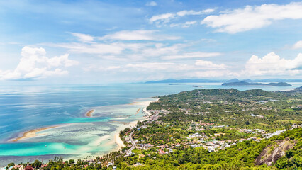 Aerial view beautiful island sea beach in holiday with summer time. Sky clouds and blue water in Asia, gulf of Thailand. Viewpoints koh Samui travel Thailand. Natural feeling vacation, rest relaxation