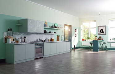 Spacious kitchen with green cabinets