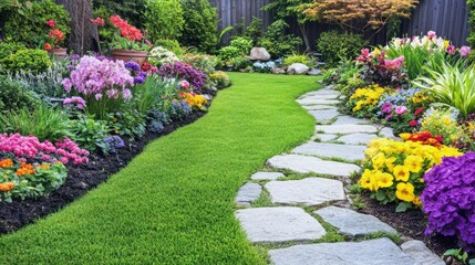 Naklejka premium Colorful flower garden path lush greenery stone walkway