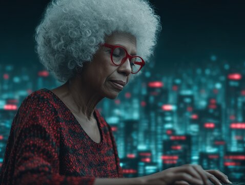 Empowered senior woman wearing red glasses intensely focused on keyboard with futuristic cityscape behind her illustrating innovation and digital transformation in modern environments