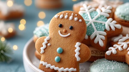 Snowflake cookie and gingerbread man with light blue icing. Christmas sweets.