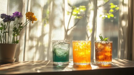 Colorful drinks on a rustic table with light filtering through gauzy curtains.