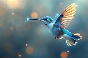 Fototapeta premium Hummingbird soars with grace, illuminated by soft bokeh light, in a serene, magical ambiance that captures its beauty