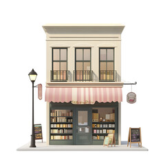Digitally rendered image of a quaint bookstore storefront, showcasing a vintage aesthetic with pastel colors.  The exterior design includes a shaded awning, and display shelves filled with books.