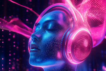 Fototapeta na wymiar Generative AI concept image of sound waves acoustic signals flowing through digital wireframe portrait of woman man