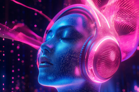 Generative AI concept image of sound waves acoustic signals flowing through digital wireframe portrait of woman man