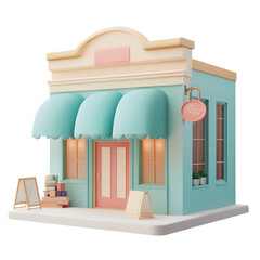 Three-dimensional illustration of a small shop, showcasing a pastel-colored facade and awning. Books and other displays are visible inside. The building is brightly lit.