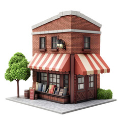 Meticulously rendered digital model of a quaint bookstore with a striped awning, displayed on a paved area.  A small tree is nearby.