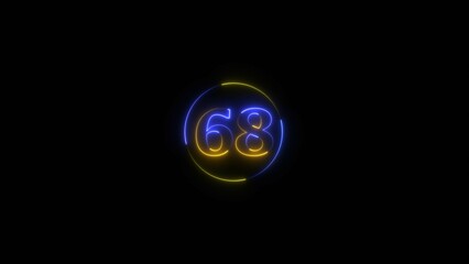 Neon light text number icon, business 68 number background 4k illustration.