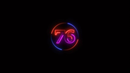 Neon light text number icon, business 76 number background 4k illustration.