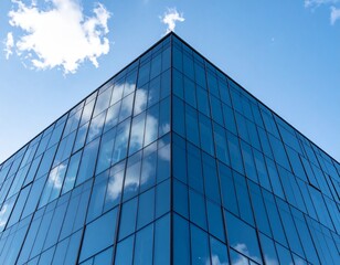 Obraz premium A sleek corner of a glass skyscraper mirrors the clouds above, blending architecture with sky in a seamless illusion