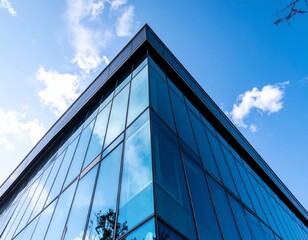 A sharply angled perspective of a reflective glass building stretches upward, merging steel and sky in geometric elegance