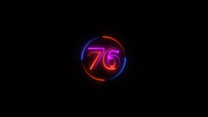 Neon light text number icon, business 76 number background 4k illustration.